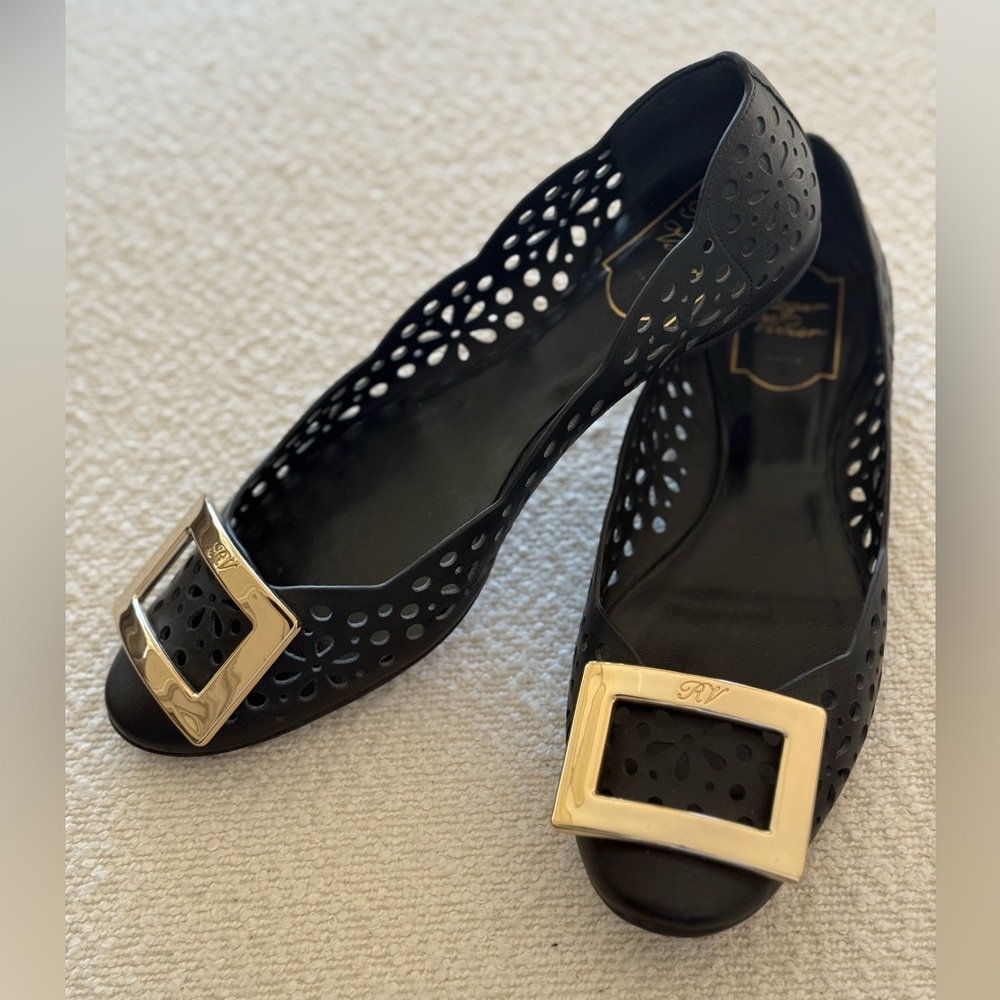 Roger Vivier Black Perforated Flats with Gold Buckle Detail